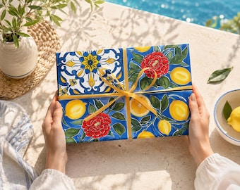 Lemons Flowers Gift Wrapping Paper - Coastal Mediterranean Tile Motif - Italian Spanish Portuguese Present Wrap
