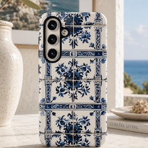 Samsung Galaxy Cases in Classic Blue Floral Ceramic Tile - Mediterranean Coastal Cottagecore Accessory