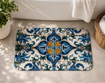 Mediterranean Bath Mat Coastal Blue Tile: Colourful Ornate Portuguese Spanish Bathroom Rug, Non-Slip Microfiber