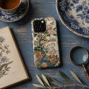 Antique Floral Tile Phone Case, Chinoiserie iPhone, Portuguese Azulejo Inspired Botanical Ceramic Phone Cover, Mediterranean Cottagecore