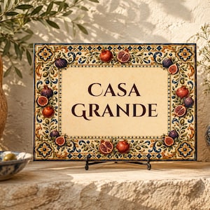 May include: A rectangular ceramic plaque featuring the text CASA GRANDE in dark brown lettering. The border is decorated with a colourful pattern of pomegranates, figs, and green leaves against a cream background, supported by a black metal stand.