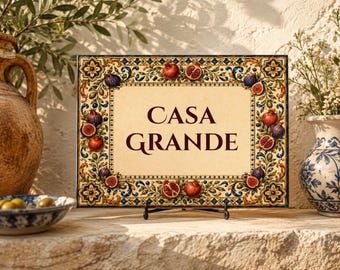 Personalized Mediterranean Tile, Custom House Name Sign, Pomegranate Fig Decor, Italian Ceramic Tile, Spanish Tile Plaque, Housewarming Gift