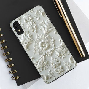 Creamy White Tough Phone Case: Off-White Ornate Floral Ceramic Motif, Dual-Layered Protection, Shockproof