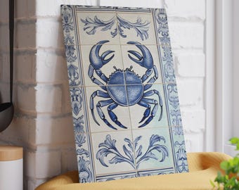 Blue Crab Glass Cutting Board in Mediterranean Tile Design: Coastal Kitchen Decor