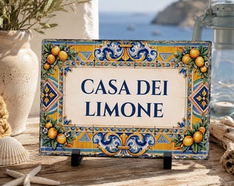 Personalized Slate Plaque - Lemon Tile Motif, Custom Coastal House Name Sign, Mediterranean Lemon Decor, Portuguese Azulejo Villa Sign