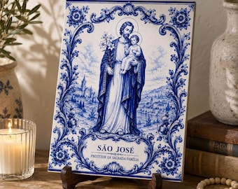 São José Portuguese Azulejo Tile, Saint Joseph Ceramic Altar Decor