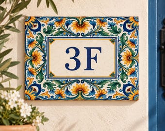 Personalized House Number Ceramic Tile, Custom Address Plaque, Mediterranean Spanish Tile, Colorful Door Number Sign, Azulejo House Decor