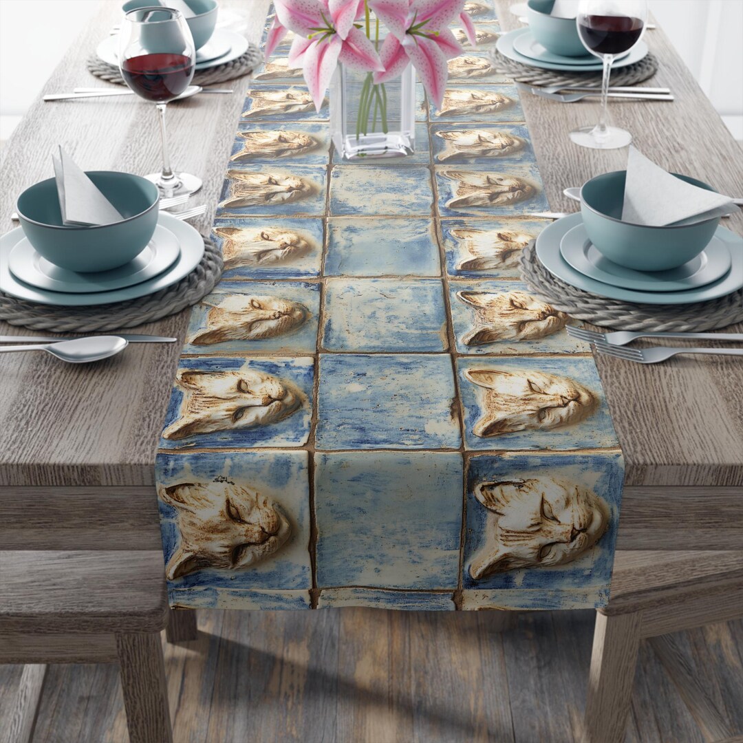 Table Runner, Cat Vintage Tile Pattern, Home Decor, Kitchen Linens ...