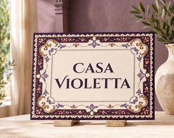 Personalized House Name Tile, Purple Floral Ceramic Plaque, Italian British Porcelain Inspired Decor, Custom Villa Sign, Housewarming Gift