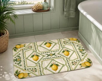 Lemon Bath Mat, Coastal Bathroom Rug, Mediterranean Sage Greeen Citrus Bath Mat, Portuguese Tile Style Mat, Cottagecore Summer Decor