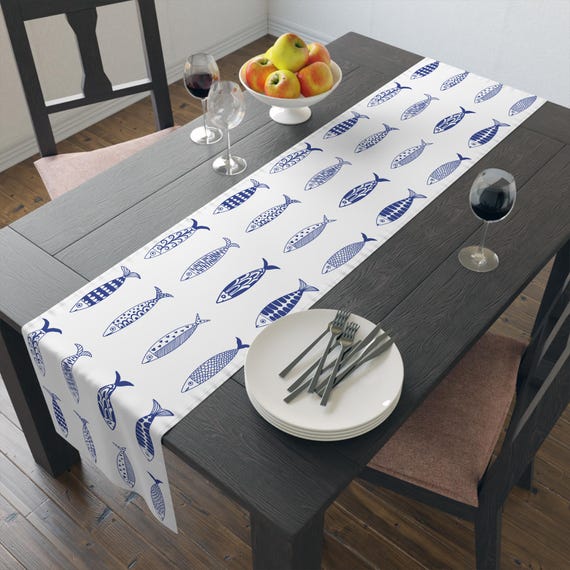 Mediterran Tischläufer mit Sardinen: Küsten Blau & Weiss Küchenwäsche - Baumwolle Polyester