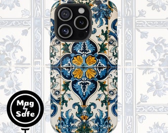 Blue Azulejo Coque MagSafe pour iPhone, compatible avec les iPhones 13, 14 et 15 (Pro, Plus, Pro Max ou Mini), ultra sûre et résistante