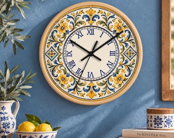 Blue and Yellow Floral Wall Clock, Mediterranean Kitchen Decor, Portuguese Azulejo Tile Motif Round Clock,