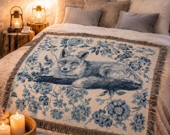 Blue Fox Woven Blanket, Woodland Cottage Throw, Delft Blue Animal Blanket, Nature Inspired Cotton Woven Throw, Cozy Cabin Decor Gift