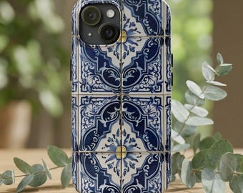 Portuguese Azulejo Phone Case, Blue Tile iPhone Cover, Traditional Mediterranean Ceramic Art