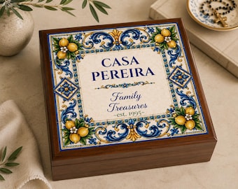 Personalized Heirloom Keepsake Box | Custom Family Treasure Box | Mediterranean Portuguese Tile Wooden Trinket | Special Memory Storage Gift