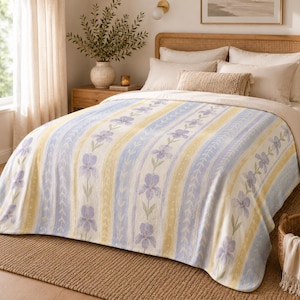 Pastel Iris Sherpa Throw Blanket | Floral Cottagecore Blanket | Soft Cozy Fleece for Bed Sofa Reading Nook | Spring Bedroom Decor