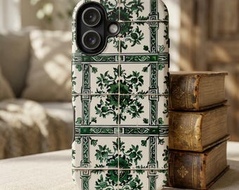 Green Azulejo Tile Tough Phone Case: Mediterranean iPhone Cover, Samsung Galaxy Protection, Summer Floral Accessory