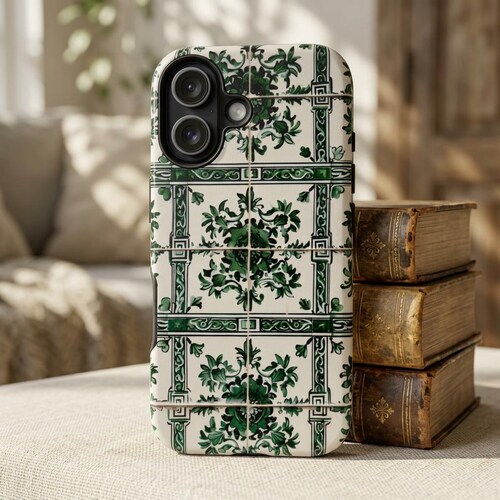 Funda para teléfono con diseño de azulejos verdes: Funda floral mediterránea para iPhone, protección Samsung, Pixel