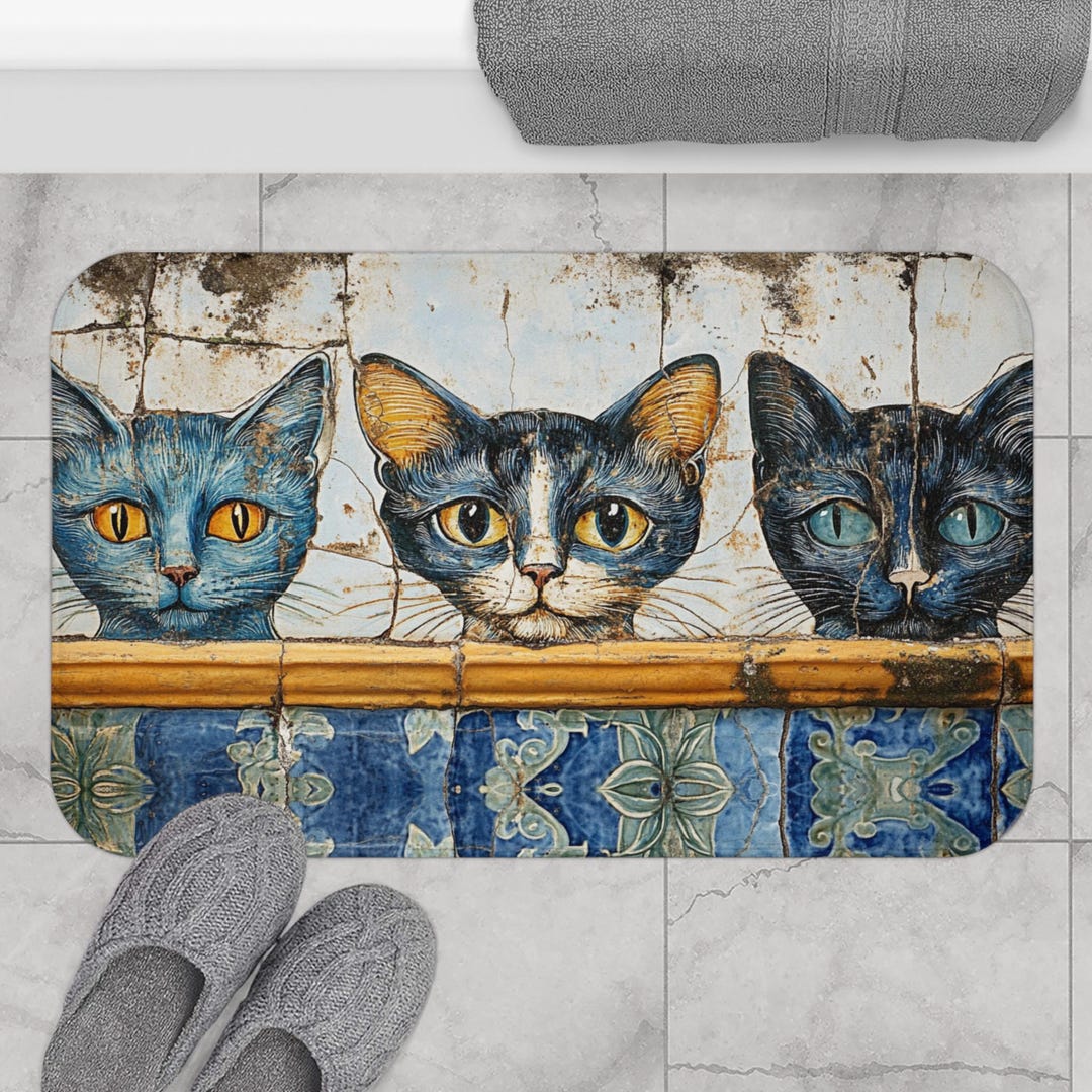 バスマット - ヴィンテージスタイルの3匹の猫、滑り止め、柔らかい低