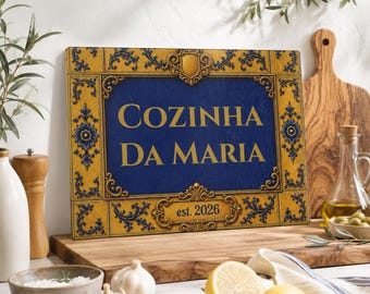 Personalized Mediterranean Glass Cutting Board, Custom Family Kitchen Board, Blue Azulejo Style Decor, Housewarming Gift Custom Kitchen Name
