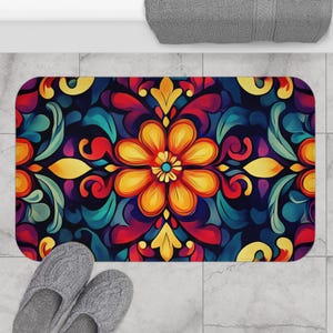 Mediterranean Tile Bath Mat: Vibrant Non-Slip Bathroom Rug