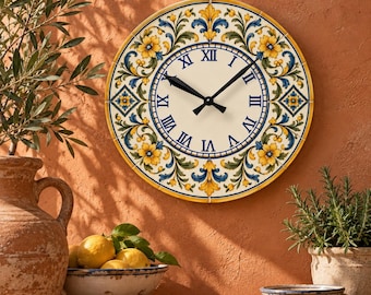 Mediterranean Wall Clock, Italian Tile Clock, Blue Yellow Floral Decor, Majolica Inspired Clock, Tuscan Kitchen Decor, Coastal Wall Art