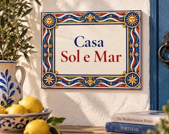 Personalized Mediterranean House Sign, Custom Ceramic Tile, Whimsical Sun and Sea Plaque, Portuguese Azulejo Name Sign, Spanish Villa Decor