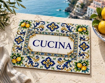 Kitchen Glass Cutting Board in Italian Portuguese French Spanish, Azulejo Lemon Tile Decor, Personalized Cucina Cozinha Cuisine Cocina Board