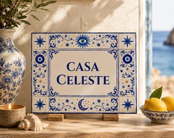 Celestial House Name Tile | Personalized Evil Eye Ceramic Sign | Custom Portuguese Azulejo Plaque | Moon Stars Mediterranean Home Decor Gift