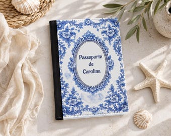 Personalized Passport Cover, Portuguese Azulejo Tile Design, Faux Leather Travel Wallet