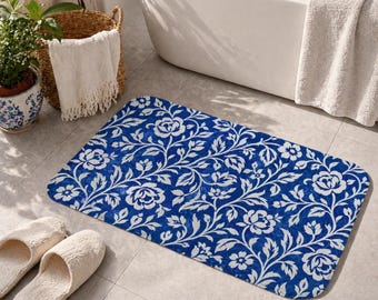 Blue Floral Bath Mat, Chinoiserie Bathroom Rug, Cottagecore Decor