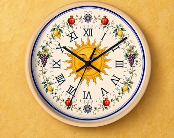 Mediterranean Sun Wall Clock, Italian Ceramic Style Clock, Sicilian Sun Decor