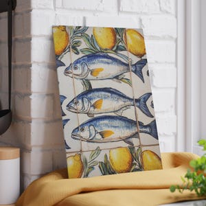 Sardines and Lemons Glass Cutting Board: Mediterranean Tile Coastal Decor