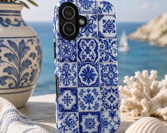 Blue Portuguese Tile Phone Case, Coastal Azulejo iPhone Case, Mediterranean Ceramic Pattern, Blue White Floral Case, Gift for Her