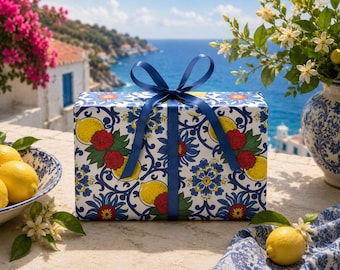 Mediterranean Lemon Gift Wrap Paper – Portuguese Azulejo Wrapping Paper, Coastal Blue Tile Gift Wrap, Summer Citrus Present Wrap