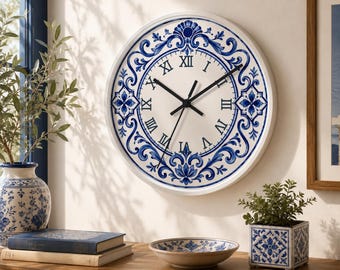 Blue Azulejo Wall Clock, Portuguese Tile Clock, Mediterranean Wall Decor, Silent Roman Numeral Clock, Coastal Blue Home Decor