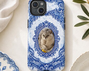Custom Photo Phone Case, Blue Azulejo Pet Portrait, Mediterranean Delftware Style