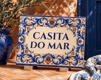 Personalized Ceramic Tile House Sign, Spanish Italian Mediterranean Villa Name Plaque, Blue Terracotta Azulejo Decor
