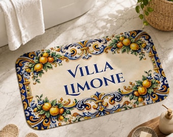 Personalized Mediterranean Bath Mat | Custom House Name Bathroom Rug | Villa Name Gift | Portuguese Tile Bathroom Decor | Custom Address Mat
