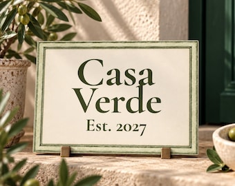 Personalized Ceramic House Sign, Sage Green Custom Tile, Mediterranean Villa Name Plaque