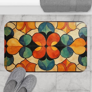 Bath Mat, Mediterranean Vibrant Tile Design - Non Slip Bathroom Decor, Housewarming Gift, Artistic Summer Rug, Coastal Home Gift, Blue