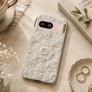 Cream Floral Google Pixel Case – Elegant Off White Phone Case – Vintage Baroque Pixel Cover