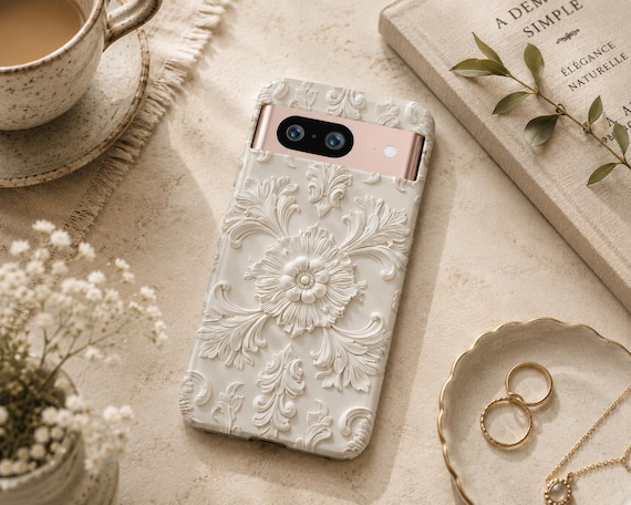 Cream Floral Google Pixel Case | Elegant Off White Phone Case | Vintage Baroque Pixel Cover