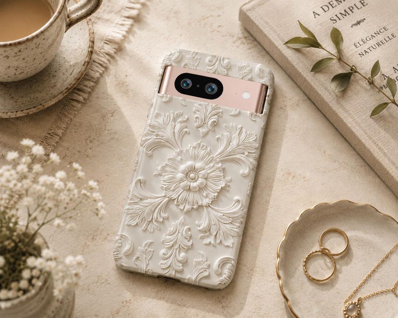 Cream Floral Google Pixel Case – Elegant Off White Phone Case – Vintage Baroque Pixel Cover