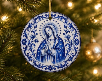 Virgin Mary Christmas Ornament, Portuguese Azulejo Ceramic Ornament, Catholic Christmas Decoration, Double Sided Religious Ornament