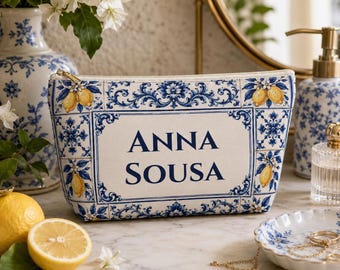 Personalized Makeup Bag, Custom Name Cosmetic Bag, Portuguese Azulejo Pouch, Lemon Travel Toiletry Bag, Bridesmaid Gift for Her