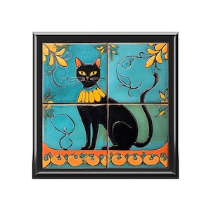 Teal Wooden Jewelry Box: Vintage Ceramic Cat Tile Design