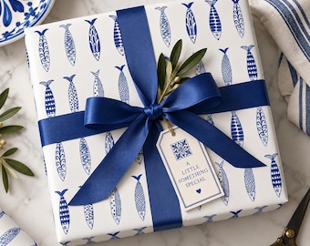 Portuguese Sardine Wrapping Paper, Portugal Gift Wrap, Blue White Fish Pattern, Lisbon Gift, Mediterranean Coastal Gift Wrap