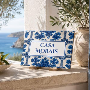 Mediterranean Custom Tile Sign – Personalized Coastal Ceramic Plaque for Beach House, Portuguese Azulejo